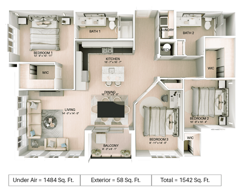 3 bed 2 bath floor plan C at Imperial Crossing Luxury Apartment Homes, Bonita Springs, FL, 34134